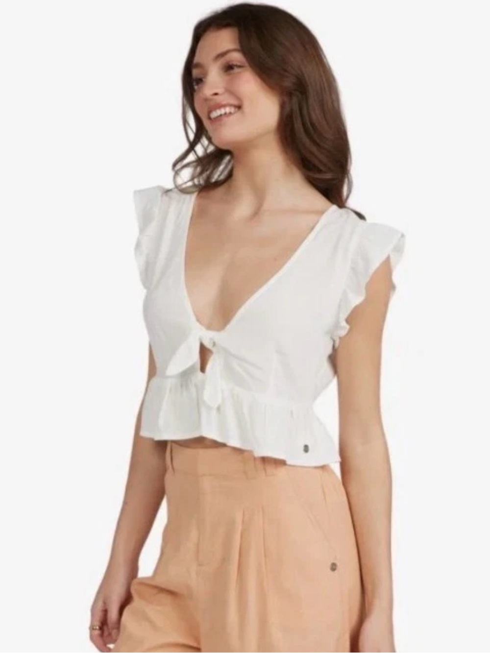 NWT Roxy Sweetest Love White Tie-Front Ruffle Crop Top